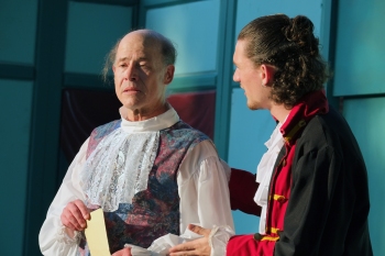 Gloucester (John Hollinger - left) and Edmund (Sam Fulton - right) discuss the king's choices.