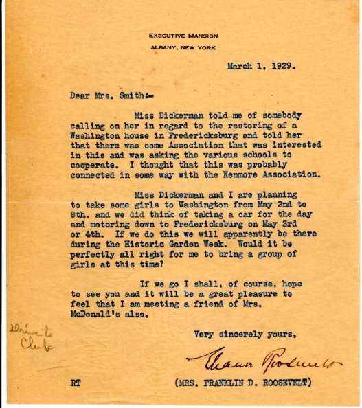 Letter from Eleanor Roosevelt inquiring about bringing a group to visit Kenmore.