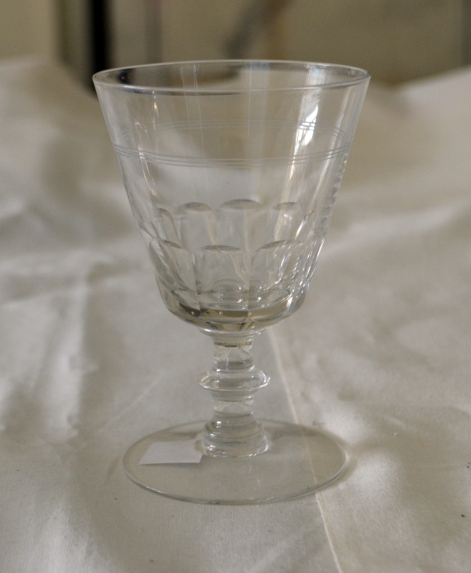 A baluster-stem wine goblet, perhaps from the 1930s, that is a pretty good approximation of a similar 18th century wine glass found archaeologically at Ferry Farm.