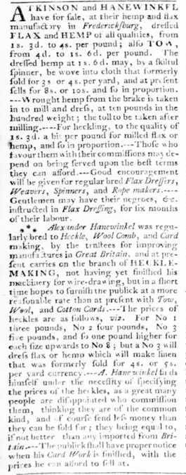 Ad for Atkinson &amp; Hanewinkel, Virginia Gazette, September 1776